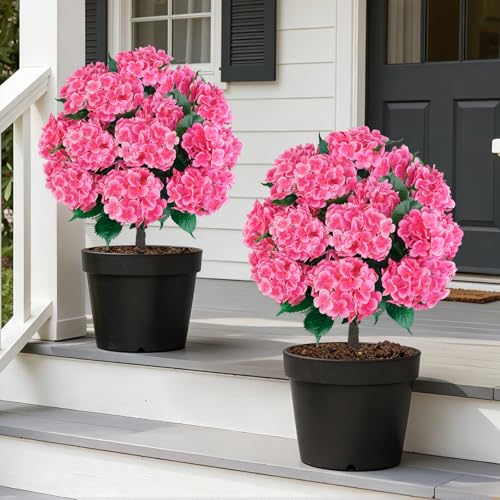 Grooy Artificial Topiary Ball Tree with Pink Hydrangea, Set of 2 UV Resistant Shrubs with Ground Spike, Fake Evergreen Plant Decor for Porch Garden Indoor Outdoor - color: Pink Hydrangea