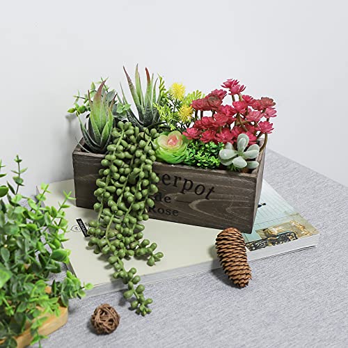 Hopewood Artificial Succulent Plants Arrangement in Wooden Planter, Fake Succulents Plants in Rustic Wood Box,Faux Succulent in Rectangular Pot,Centerpiece,Home Office Shelf Indoor Decor Plants