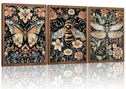 Retro Insect Wall Art Set of 3, Butterfly Bee Dragonfly Gothic Botanical Prints, Rustic Nature Animal Canvas Wall Decor for Living Room Bedroom Office Farmhouse Home Decor 24x16In Wood Framed - color: Colorful insects, size: 24L" x 16W"