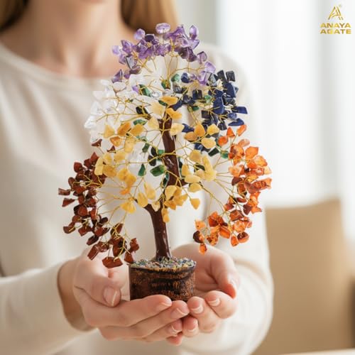 7 Chakra Tree of Life Crystal Tree | 300 Natural Gemstone Beads | Healing Crystal Tree for Housewarming, Positive Energy, Money & Good Luck | Birthday Gift for Women, Men, Mom, Sister & Friends - color: #3 Seven Chakra Golden Wire Tree (300 Beads)