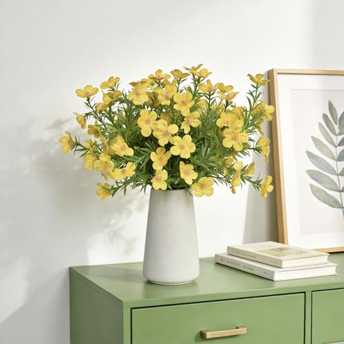 Artificial Yellow Gypsophila Baby's Breath Flowers in Ceramic Vase, 6 Inch White Vase with Faux Cosmos Arrangement, Farmhouse Table Centerpiece for Home Office Shelf Desk Decor - color: Yellow