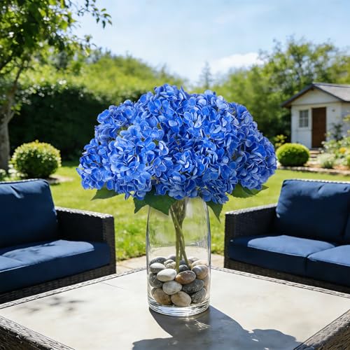 INXUGAO Artificial Flowers Fake Outdoor Hydrangea Bouquets with Long Stems, 3Pcs 18" Faux Blue Hydrangeas with Latex Real Touch for Outdoors, Wedding, Baby Shower and Party Decor - color: Blue