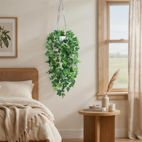 DREAMLOOM Fake Hanging Plants with Pot, Artificial Ivy Hanging Plants with Macrame Hanger for Indoor Decor, Fake Hanging Vines Faux Greenery for Home Kitchen Office - color: Ivy