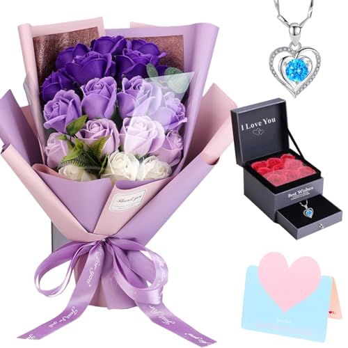 Roses Bouquet Artificial Flower - Preserved Red Rose Flowers with Love Necklace for Her Unique Gift for Birthday, Valentine's Day, Mother's Day, Thanksgiving, Christmas, Anniversary (Purple and White) - color: Purple and White