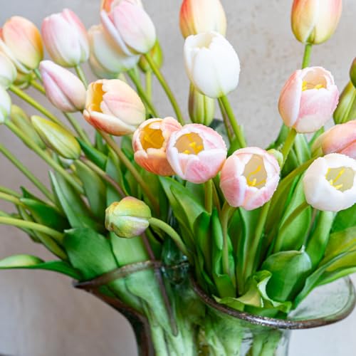 Artificial Tulips Flowers,Soft Touch Latex Bouquet, Fake Tulips,Spring Wedding Home Room Table Centerpiece Decor - color: 40pcs Champagne Set(no Vase)