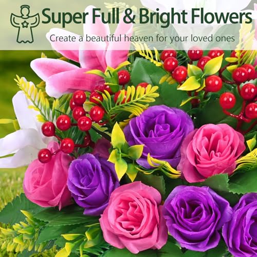 Dolicer 2 Sets Artificial Cemetery Flowers for Grave, Realistic Grave Flowers Memorial Flower UV Resistant Silk Rose Lily Flower with Vase for Cemetery Decorations (Colorful) - color: Purple, Pink, size: Flowers in Vase