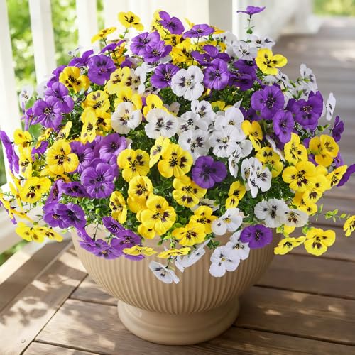 Alupssuc 24 Bundles Artificial Flowers for Outdoors Spring Decorations, Big Fake Flowers UV Resistant Realistic Pansies with Eucalyptus Silk Faux Flowers for Porch Yard, Yellow White CrimsonPurple - color: Yellow, White, Crimsonpurple