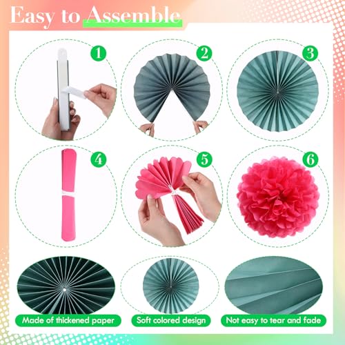 Kosiz 18 Pcs Boho Classroom Hanging Decoration Boho Paper Fans Soft Colored Pom Poms Country School Hanging Fans Tissue Paper Flower for Room Classroom Birthday Party Supplies Decoration - color: Pure Color
