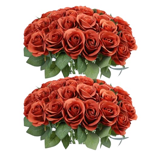52pcs Burnt Orange Roses Artificial Flowers Fake Flowers Silk Roses with Stems for DIY Wedding Bouquets Home Bridal Shower Centerpieces Arrangements Party Decorations - color: Burnt Orange