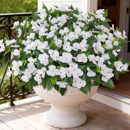 Artificial Flowers for Outdoors Decorations, 6 Bundles Realistic Impatiens Silk Faux Flowers UV Resistant Fake Plants for Outside Pot Patio Garden Porch Planters Window Box Balcony Indoor Home Decor - color: White
