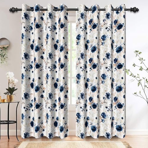 Renaiss Blue and White Floral Blackout Curtains Gold Line Rose Flowers Thermal Insulated Window Drapes for Bedroom 29W x 45L inches 2 Panel Set Window Curtain Panels for Kitchen - color: Blue, size: 29"W x 45"L (Pack of 2)