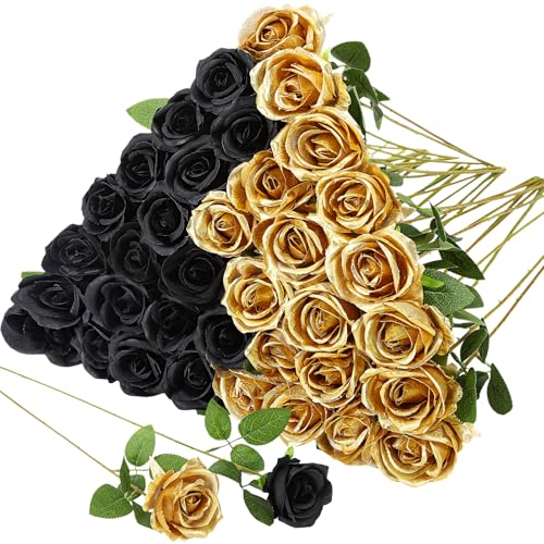 36 Pcs Silk Black Gold Rose Bouquet Bridal Artificial Flowers,Fake Rose Long Stem Realistic Flowers Bulk for Wedding Bouquet Ball Arrangement Centerpiece Party Decor - color: Black, Gold