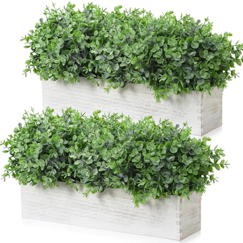 Lyrow 2 Pack Artificial Eucalyptus Plant in Rustic Rectangular Wooden Planter Box Greenery Faux Potted Herb Plant for Indoor Wedding Table Centerpiece (Green,16 x 3.7 x 8.7 Inches,Classic Style) - color: White, size: 16.1 Inch, style: White Powdered Round