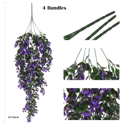 RECUTMS 4Pcs 29.9 Inch Fake Hanging Eucalyptus Plants | UV Resistant Plastic,Violet Artificial Greenery,Home Room Garden Wedding Party Porch Creeping Jenny Indoor Outdoor Decor - color: Voilet