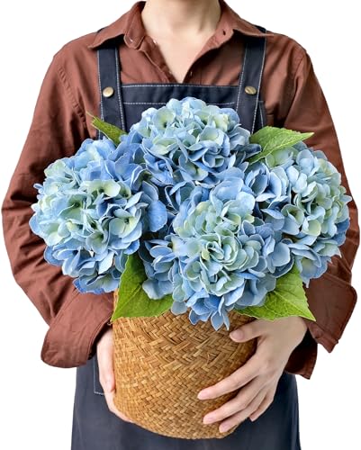 JINWOE Light Blue Flowers Hydrangea Artificial Flowers, 4PCS 21" Latex Real Touch Vintage Lifelike Silk Flowers,Faux Hydrangea Bouquet Fake Flowers for Wedding Centerpieces Tables Party Outdoor Home - color: Blue