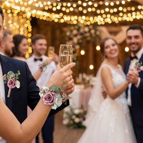 12 Pack Corsage and Boutonniere Set Handmade with Lifelike Artificial Rose, Non-Fading Prom Flower Wrist Corsage for Wedding Homecoming and Prom Events