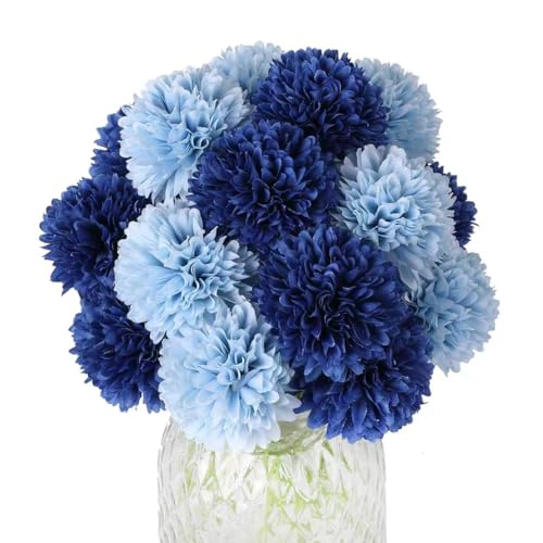 12 Pcs Navy Blue Sky Blue Chrysanthemums Artificial Flowers Fake Silk Ball Flowers Mums Bouquets Arrangements Wedding Party Decor St Patricks Day Home Garden Table Centerpieces DIY Floral - color: Navy Blue&sky Blue，12pcs