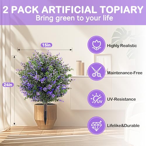Artificial Boxwood Topiary Ball Trees with Ground Spikes UV Resistant Faux Greenery Shrubs Fake Shrubs for Outdoors, Realistic Faux Plants Bushes for Garden Porch Yard Patio Decor (Purple Green) - color: Purple Green