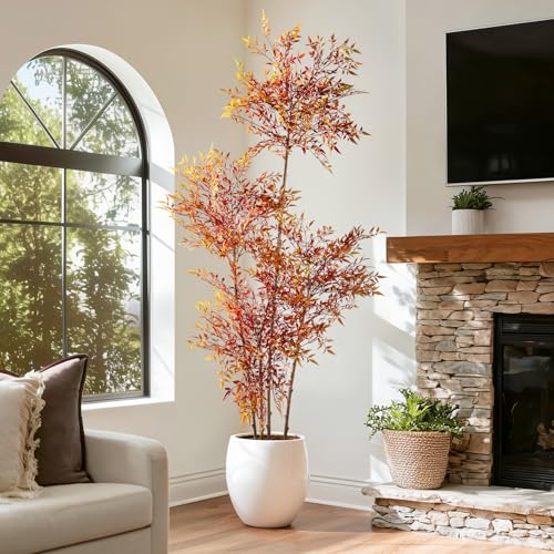 Faux Bamboo Plant Artificial Nandina Tree 6.5FT Artificial Plants Realistic 90% Better Coverage Faux Plant Bamboo Plants Faux Floor Plant in Pot for Home & Office Decor (Red, 6.5ft) - color: Red, size: 6ft 6in