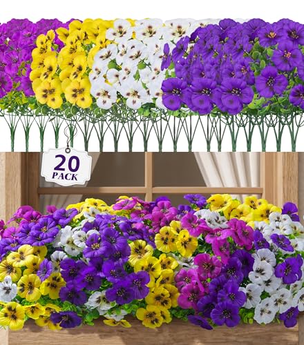 Ivydale 20PCS Artificial Fake Pansy Flowers for Outdoors Spring Sumer Decor, Faux Silk Pansies UV Resistant Plants for Front Door Porch Yard Patio Window Box Home Decor (Fuchsia Purple Yellow White) - color: Purple Yellow White Fuchsia