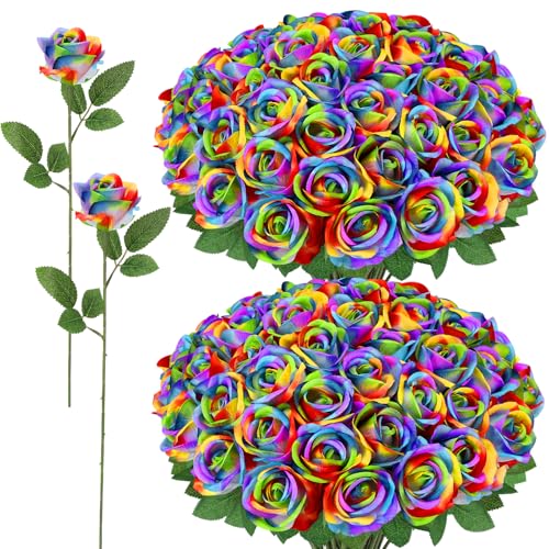 72 Pcs Artificial Roses Rainbow Fake Silk Roses Realistic Roses Faux Flower Indoor Wedding Home Decor, Birthday Decorations - color: Rainbow