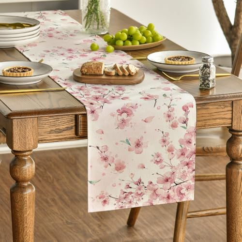Artoid Mode Floral Cherry Blossoms Branches Summer Table Runner, Seasonal Spring Kitchen Dining Table Decoration for Home Party Decor 13x72 Inch