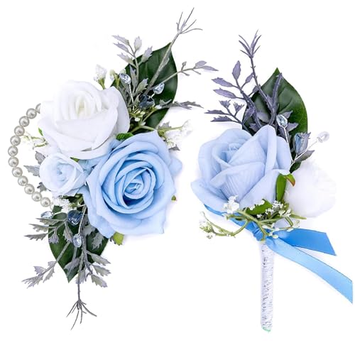 Rose Corsage and Boutonniere Set, 2PCS Handmade Artificial Flower Bride Wrist Corsage Wristlet Bracelets Wristband Men Boutonniere for Wedding Prom Suit Decorations - color: Blue