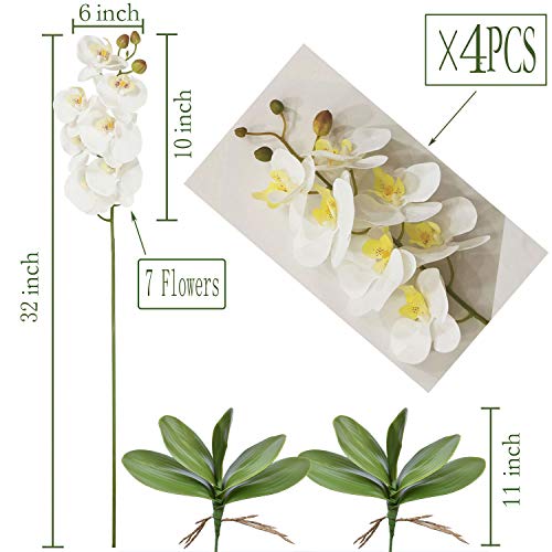 FagusHome 32 Inches Artificial Phalaenopsis Flowers 4 Pcs with 2 Bundles Leaves Artificial Orchid Flowers Stem Plants for Home Décor (White) - color: White