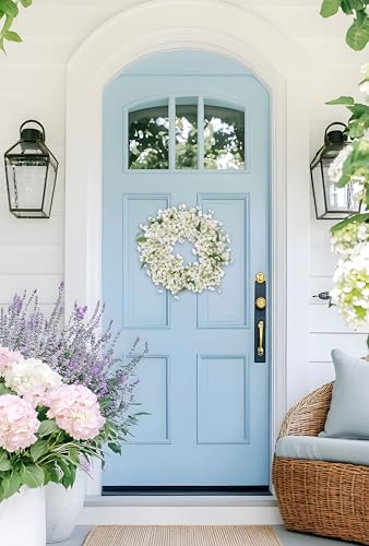 Spring Summer Wreaths for Front Door, 16 Inch Cherry Blossom Wreaths for Spring Summer Decor, White Wreaths for Front Door, Window, Home, Wall, Porch, Farmhouse Decor, Spring Artificial Flower Wreaths - color: # White 16"