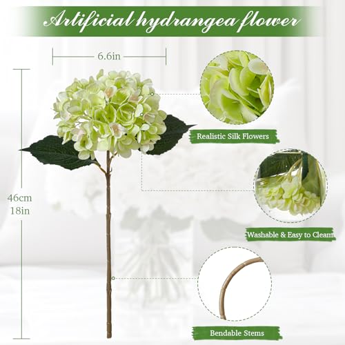 6PCS Realistic Artificial Silk Hydrangea Flowers – Premium Fake Hydrangea Flowers Bouquets with Stems, Full Faux Hydrangea Blooms for Home Wedding Table Party Office Decorations(Light Green) - color: Light Green