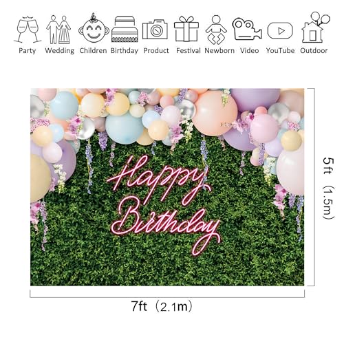 Riyidecor Green Leaves Happy Birthday Backdrop Polyester Fabric for Women Girls Neon Balloons Flower Wall Spring 7Wx5H Feet Rustic Plant Botanical Photography Background Birthday Photo Studio Shoot - color: A-Green Birthday（Balloon）, size: 7Wx5H