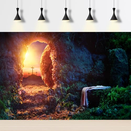 Empty Stone Tomb Backdrop Sunrise Sunset Crucifixion Resurrection of Jesus Christ Photography Background Holy Lights Cross Background God Bless Jesus Christian Easter Christian Backdrop 5x3ft - color: Black_Orange, size: 5x3ft