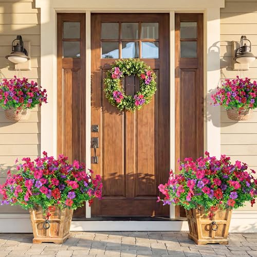 Artificial Flowers for Outdoors, Faux Plants 12 Bundles Silk Colorful Fake Flowers Eucalyptus Realistic UV Resistant for Outside Home Planter Porch Patio Yard Decor (12, Hot pink Red Purple) - color: Hot Pink Red Purple