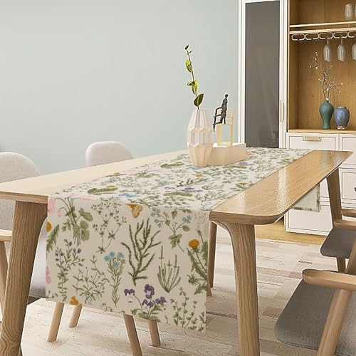 Wildflowers Floral Spring Table Runner, Seasonal Summer Butterfly Kitchen Dining Table Decoration for Home Party Dining Kitchen 13x36in - color: Flower-12, size: 13x36in