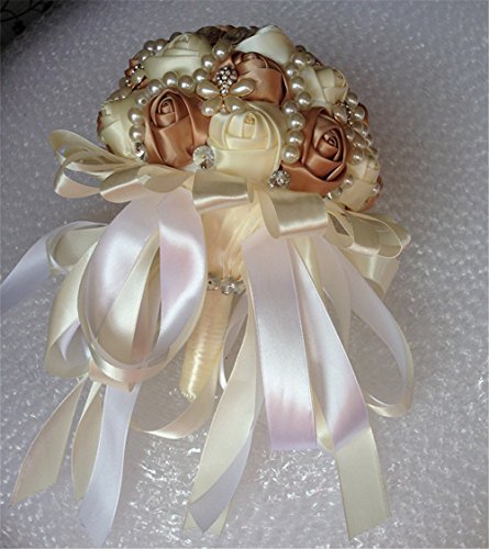 USIX Handcraft Popular Satin Rose Rhinestone Brooch Flower Pearl Bridal Holding Wedding Bouquet Wedding Flower Arrangements Bridesmaid Bouquet(Champagne+Ivory) - color: Champagne+ivory