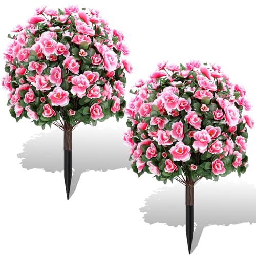 ENVEN Artificial Boxwood Topiary Ball Trees with Ground Spikes UV Resistant Faux Greenery Shrubs Fake Shrubs for Outdoors, Realistic Faux Plants Bushes for Garden Porch Yard Patio Decor (Pink) - color: Pink