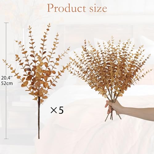 GnFlus 5 Pcs Artificial Eucalyptus Stems Fall Eucalyptus Leaves Autumn Leaf Branches Fall Decorations with Foam Fall Leaves for Home Floral Arrangement Autumn Festival Thanksgiving Decor Brown - color: Bro'w'n