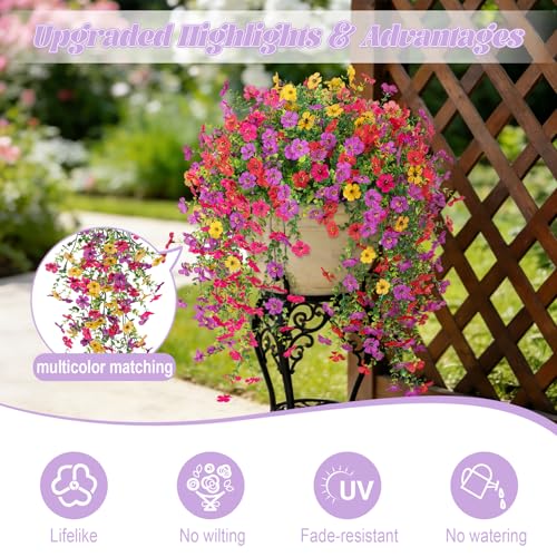 8 PCS Fake Artificial Hanging Flowers for Outdoors Decoration, Faux UV Resistant Artificial Outdoor Flowers, Fake Plants Look Real Daisy No Fade Spring Decor for Porch Home Patio Balcony and Yard - color: Hanging Flower (4 Multicolor)