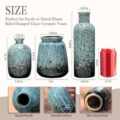Ceramic Vases Set of 3, Sage Green Flower Vase for Modern Farmhouse and Boho Home Decor Paired with Pampas Grass, Rustic Pottery Decor Centerpiece for Entryway Table, Office & Dining Room - color: Sage Green