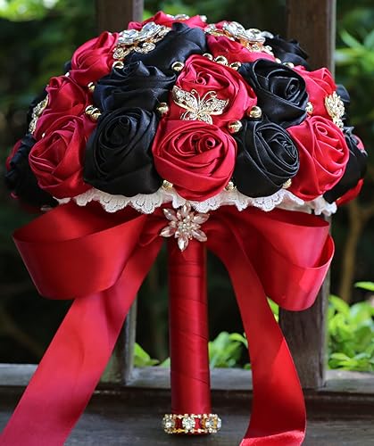 Sharebeauty 7.1" Handmade Satin Rose Bridal Bouquet Toss Round Wedding Bouquet Throw Toss Artificial Flower Bunch Ruby Red + Black - color: 809a Ruby Red/Black, size: 7.1"/18cm