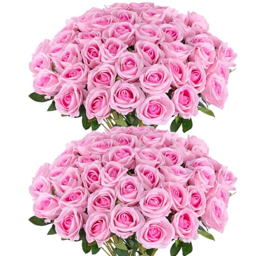 Hananona 50 Artificial Roses in Bulk, Fake Silk Pink Roses Realistic Roses for Wedding Centerpieces Flower Arrangement Home Decor (50, Pink) - color: Pink