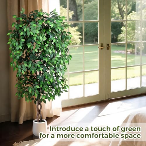 Jocoevol 7FT Artificial Ficus Tree, Tall Faux Trees Indoor with White Planter, Dried Moss, Natural Silk Leaves & Trunk, Fake Plants for Home Living Room Office Corner Decor Housewarming Gift - color: Green, size: 7ft
