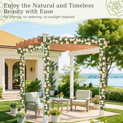 Lewondr Artificial Eucalyptus Garland with Flower - 4 Rose 4 Peony, 6FT Faux Floral Greenery Garlands Fake Flowers Vines, Maintenance-Free for Wedding Table Backdrop Party Room Decor, Mixed Champagne - color: Champagne, size: 1 Pack