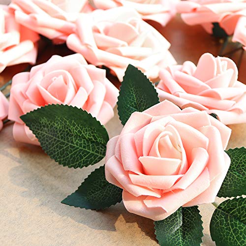 AmyHomie Artificial Flower 50pcs Real Looking Fake Roses w/Stem for DIY Wedding Bouquets Centerpieces Arrangements Party Baby Shower Valentines Day Christmas Tree Decorations - color: Pink