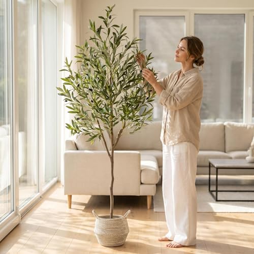 Warmplants Artificial Olive Tree, 6ft Tall Fake Olive Leaves Plant with Basket, Indoor Outdoor Faux Olive Topiary Silk Tree for Home Livingroom Office Décor - size: 6ft