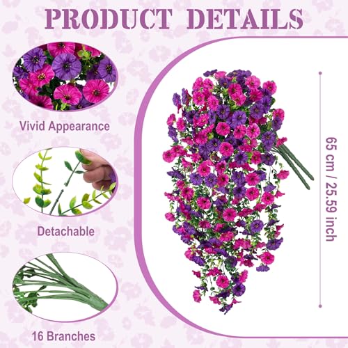 Artificial Hanging Petunias Flowers for Outdoor, 2pcs Fake Plants Long Vine Morning Glory Eucalyptus, UV Resistant Realistic Faux Greenery Indoor Outside Patio Porch Garden Spring Summer Decor, Purple - color: Dark Purple Light Purple