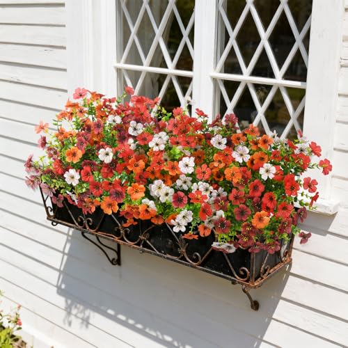 Artificial Flowers for Outdoors, 12 Bundles Multicolor Fake Silk Flowers Faux Plants Outside for Planter for Summer Decoration UV Resistant No Fade Porch Patio Yard Home Decor - color: Red,brown,white,orange