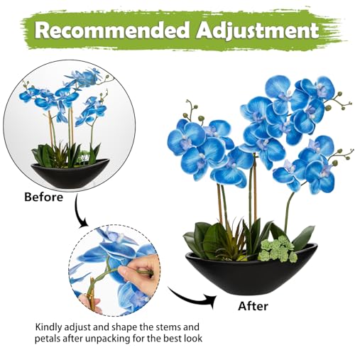 Briful Blue Orchid Fake Flowers 17in Artificial Orchid Silk Flowers in Black Pot Faux Orchid Arrangement for Home Office Bathroom Table Shelf Modern Decoration - color: Blue Black
