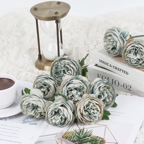 IPOPU 10pcs Grey Blue Peonies Artificial Flowers Silk Peonies with Stems Real Look Fake Peony for Home Table Decorations Wedding Faux Flowers Arrangements (Grey Blue) - color: Grey Blue