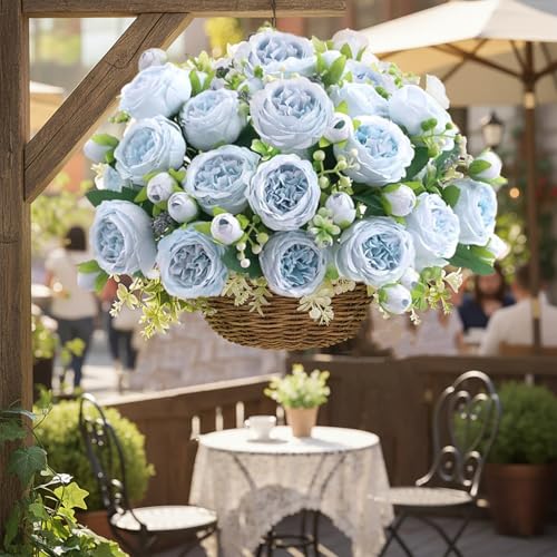 Peonies Artificial Flowers 12 Bundles Pink Flowers Bouquet, Lifelike Silk Fake Peonies with Stems for Home Table Centerpieces, Wedding, Party & DIY Bridal Floral Arrangements (Blue) - color: Blue